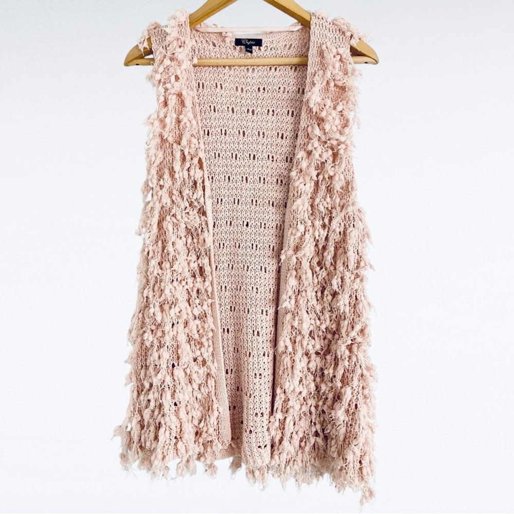 Cupio | Blush Crepe Pink Long Knitted Fringe Sleeveless Cardigan Sweater Vest